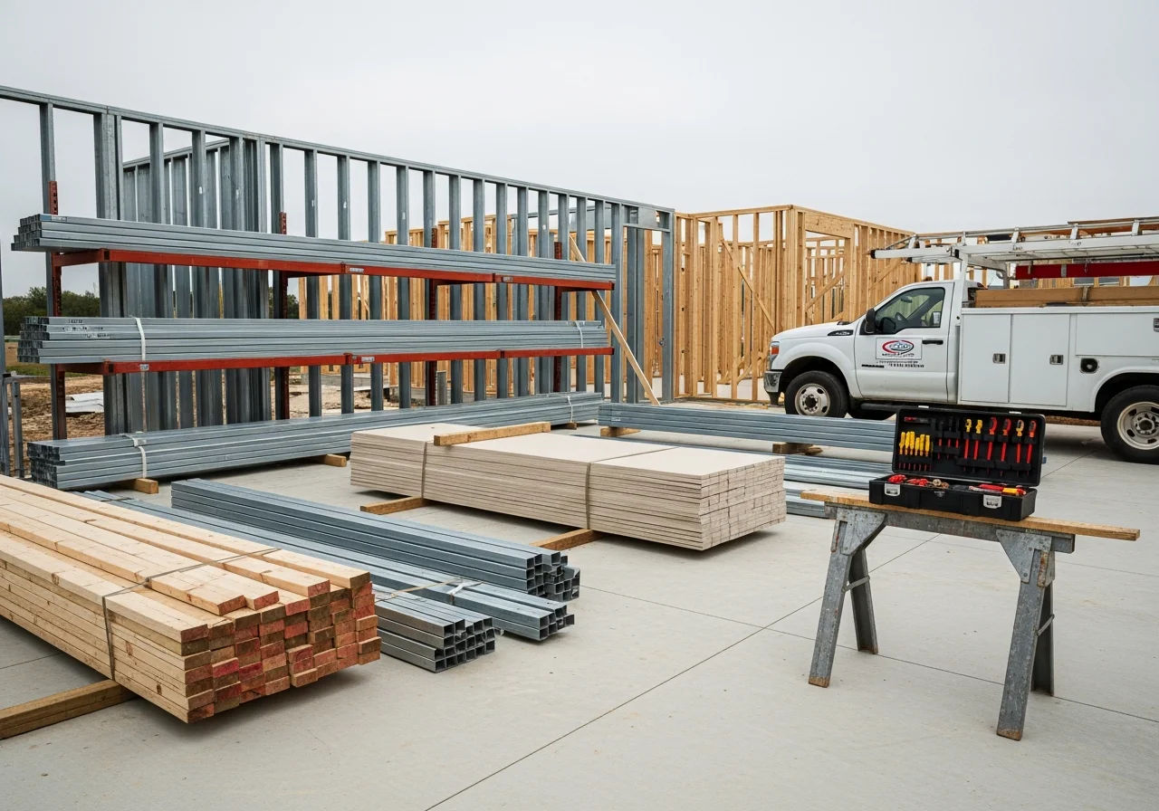 Construction crew and tools on a residential remodeling project site, showcasing home improvement work in progress.
