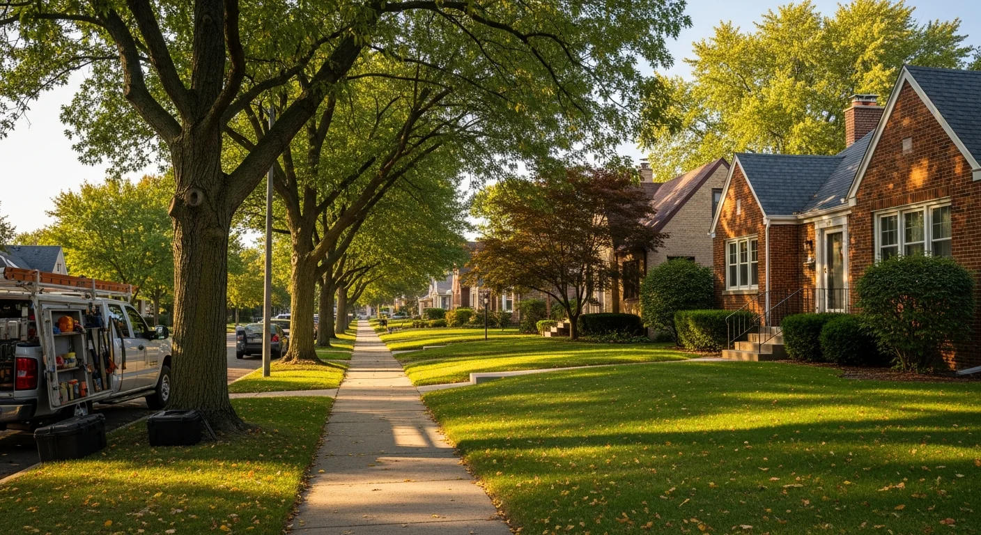 Residential street in Joliet with well-maintained homes and mature trees lining the sidewalk.