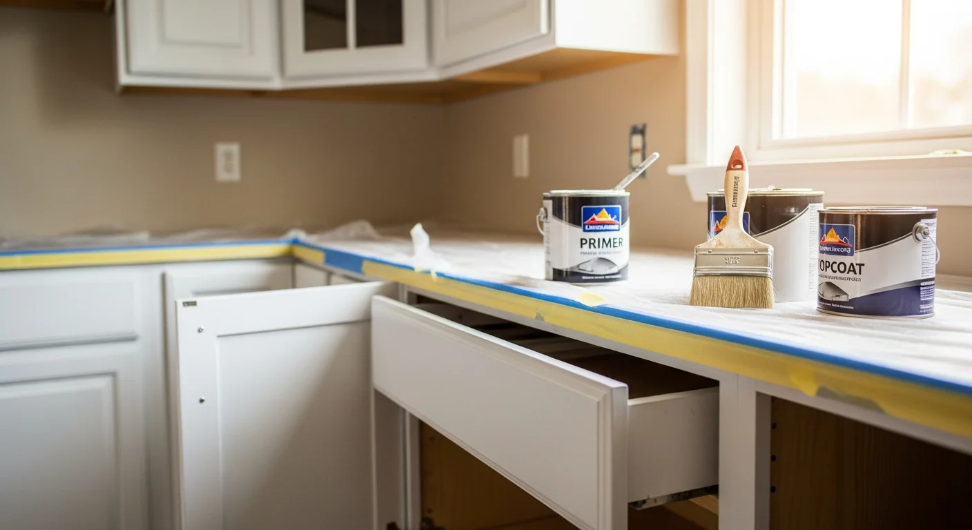 Freshly painted white kitchen cabinets with smooth, even finish inside a Joliet home. Cabinet doors, drawer fronts, and face frames show clean brush-free coverage with no visible chips or brush marks.