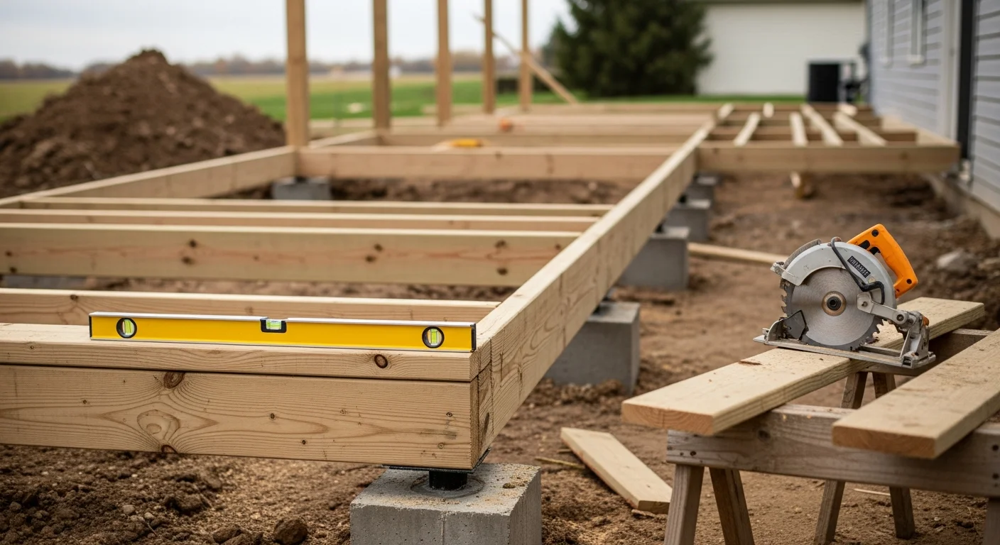 A newly constructed custom wood deck attached to a residential home in Joliet, Illinois, featuring open railings and a stair landing leading to a backyard lawn. The deck framing is visible from the side, showing concrete footings set into the ground.