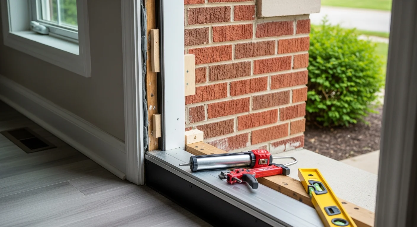 A newly installed exterior entry door on a single-family home in Joliet, Illinois, with a clean frame seal and level alignment. The surrounding exterior siding is intact and the door closes flush against the weatherstripping.