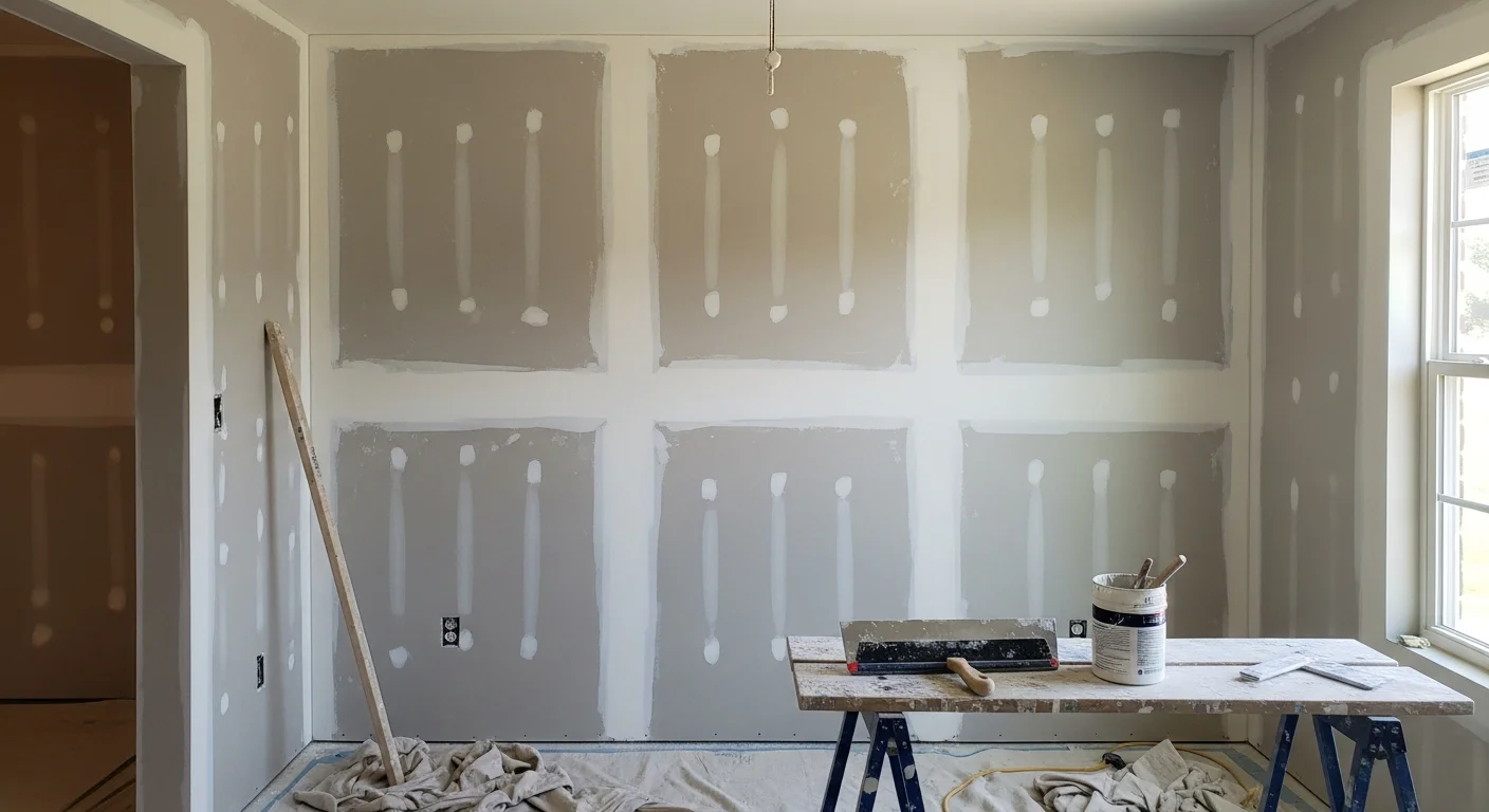 A freshly finished drywall wall in a Joliet, IL home showing smooth, seam-free surfaces ready for paint. Close view reveals flat joints and no visible tool marks after compound and sanding work by Prime Solutions.