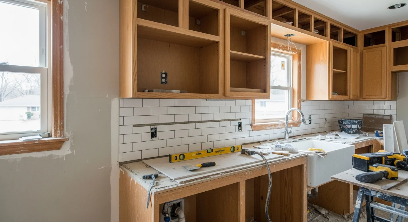 Newly remodeled kitchen in a Joliet, Illinois home featuring updated cabinetry, fresh countertops, and modern lighting. The finished space shows clean lines and an open layout typical of a full kitchen renovation by a local general contractor.