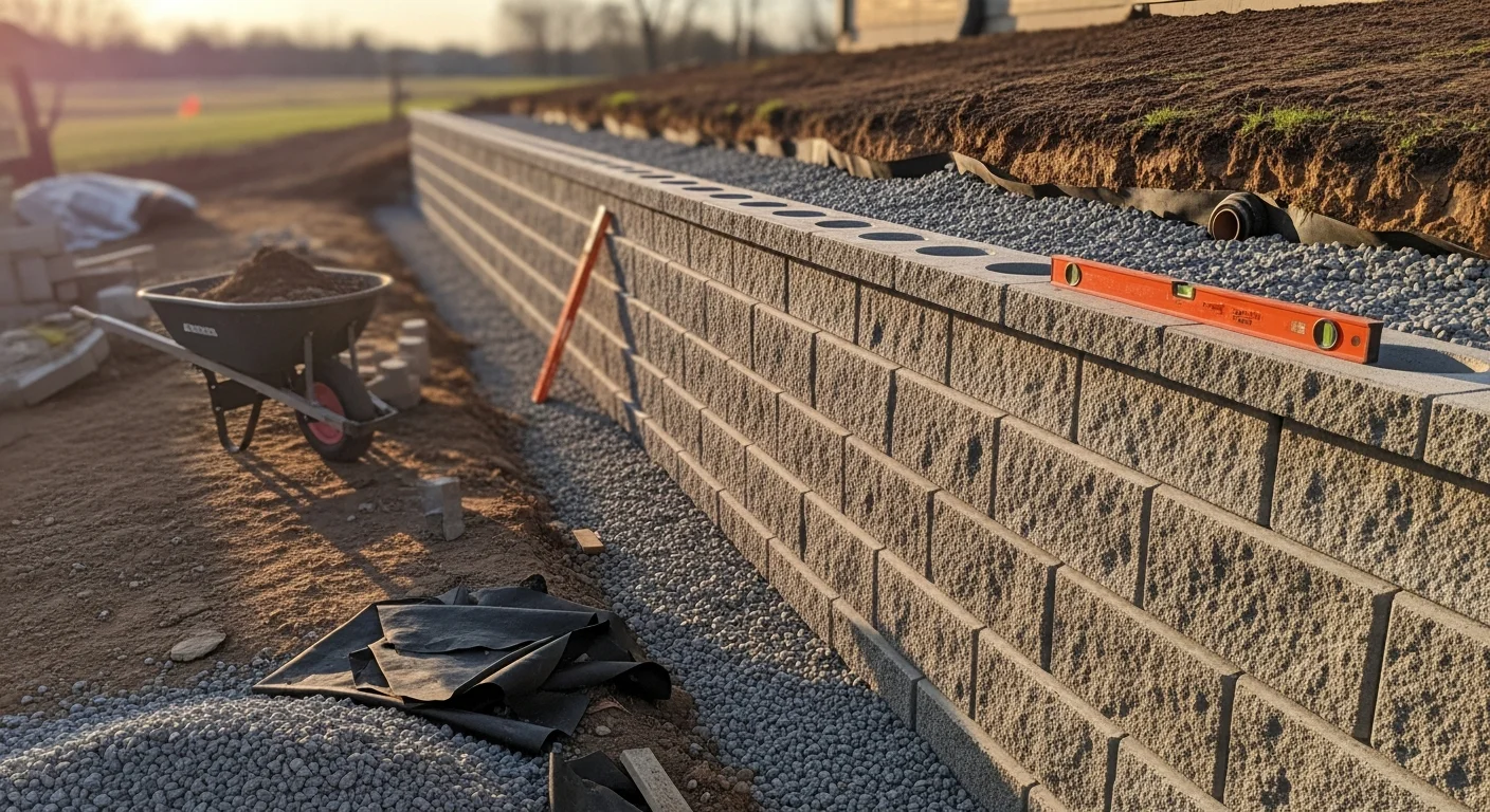 A finished retaining wall built by Prime Solutions along a sloped residential backyard in Joliet, Illinois, with flat lawn space above and clean drainage below. The wall runs parallel to a patio edge, showing stacked stone construction and level ground behind it.