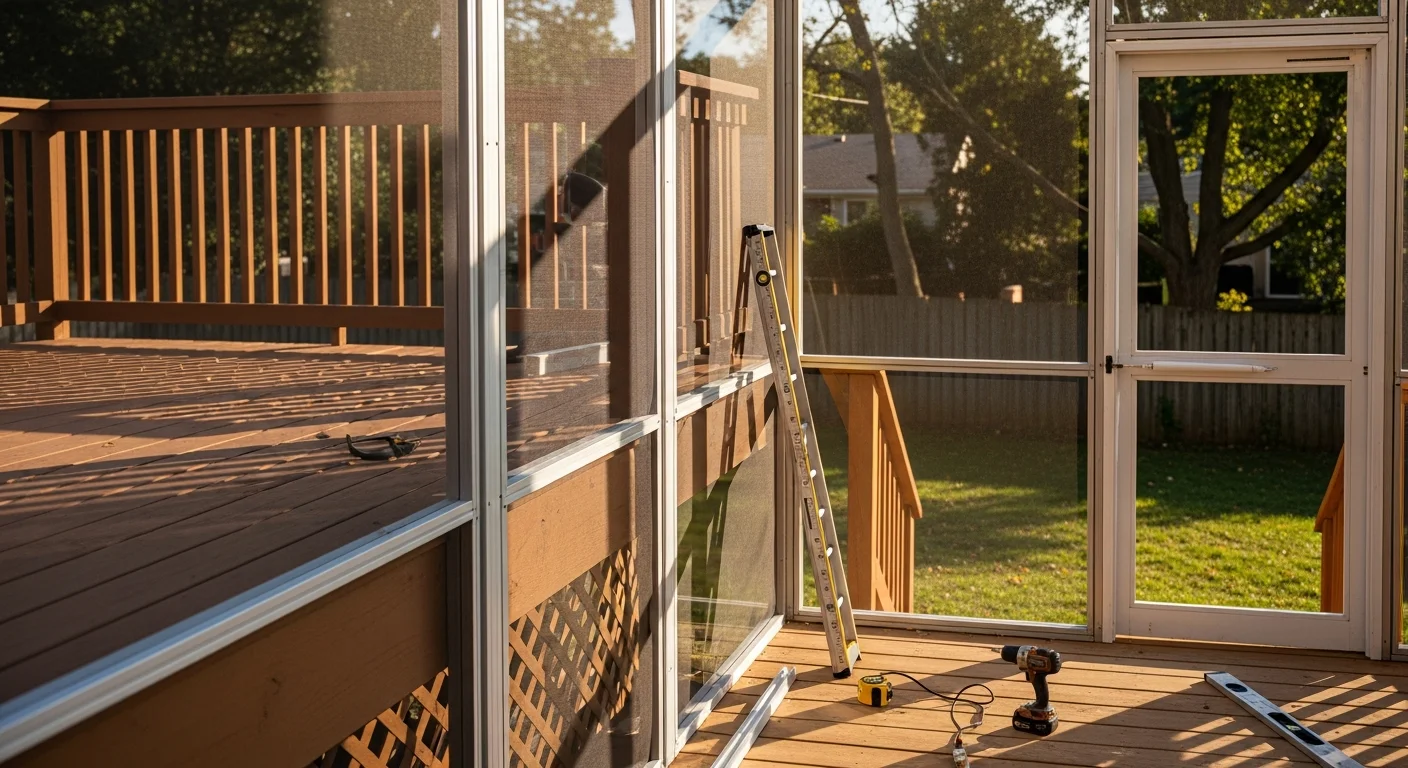 A finished screen room enclosure attached to the back of a Joliet home, featuring a framed screen panel exterior and a covered roof over a furnished outdoor seating area. The structure connects directly to an existing wood deck with a screened door entry.