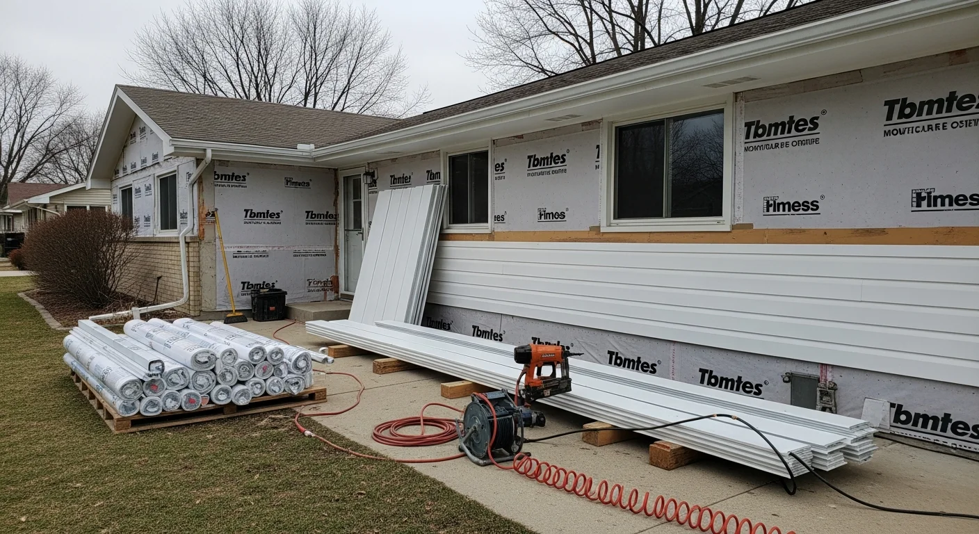 Freshly installed exterior siding on a two-story residential home in Joliet, Illinois. New panels cover the full front facade, with clean trim lines visible around the windows and corners.