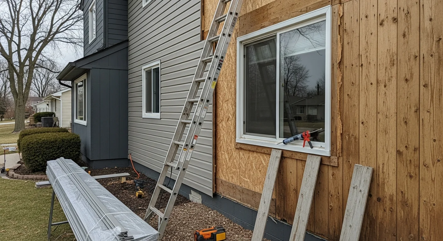 A Joliet residential home with freshly installed exterior siding panels, showing clean seams and uniform color across the front and side walls. The surrounding yard reflects a typical Will County neighborhood setting with mature trees and a concrete driveway.