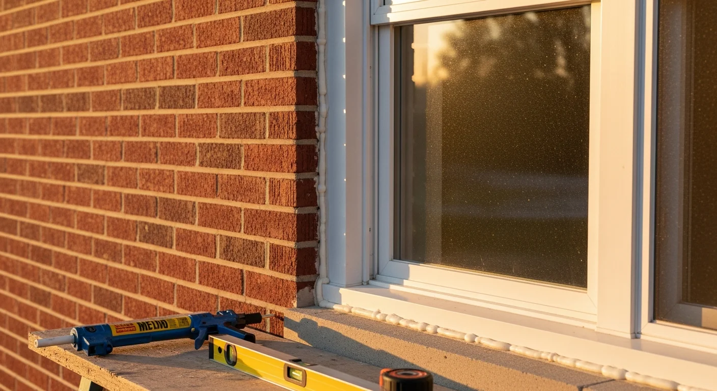 A newly installed double-hung window on the exterior of a brick residential home in Joliet, Illinois, with clean trim and a tight frame seal visible against the siding. The surrounding exterior shows a typical Midwest single-family home streetscape.