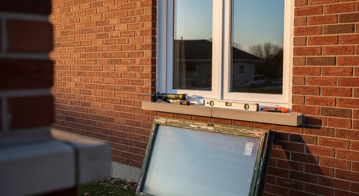 A Joliet single-family home with newly installed replacement windows showing clean frames and no condensation between panes. The exterior view shows tight seals against the brick and siding, consistent with mid-century residential construction common in Joliet, Illinois.